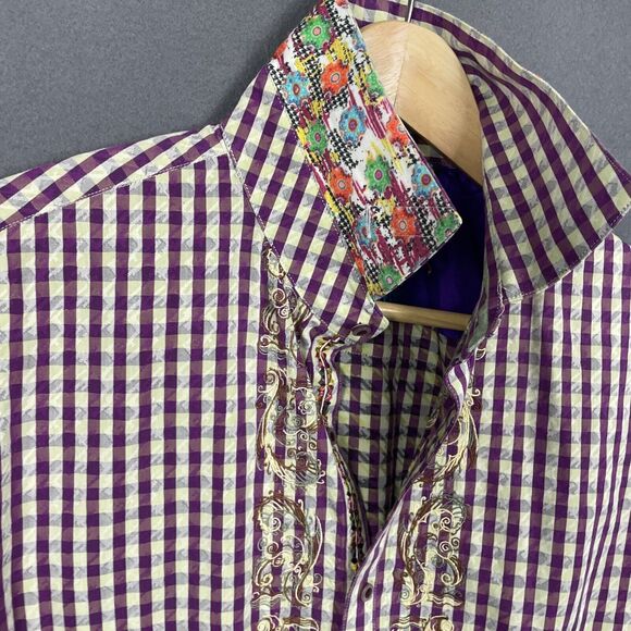 Robert Graham Shirt Mens L Large Long Sleeve Purple Plaid Embroidered Flip Cuff - Picture 13 of 15